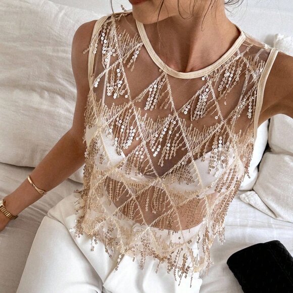 Tops - Apricot Casual Women's Mesh See Through Beaded Crop Top